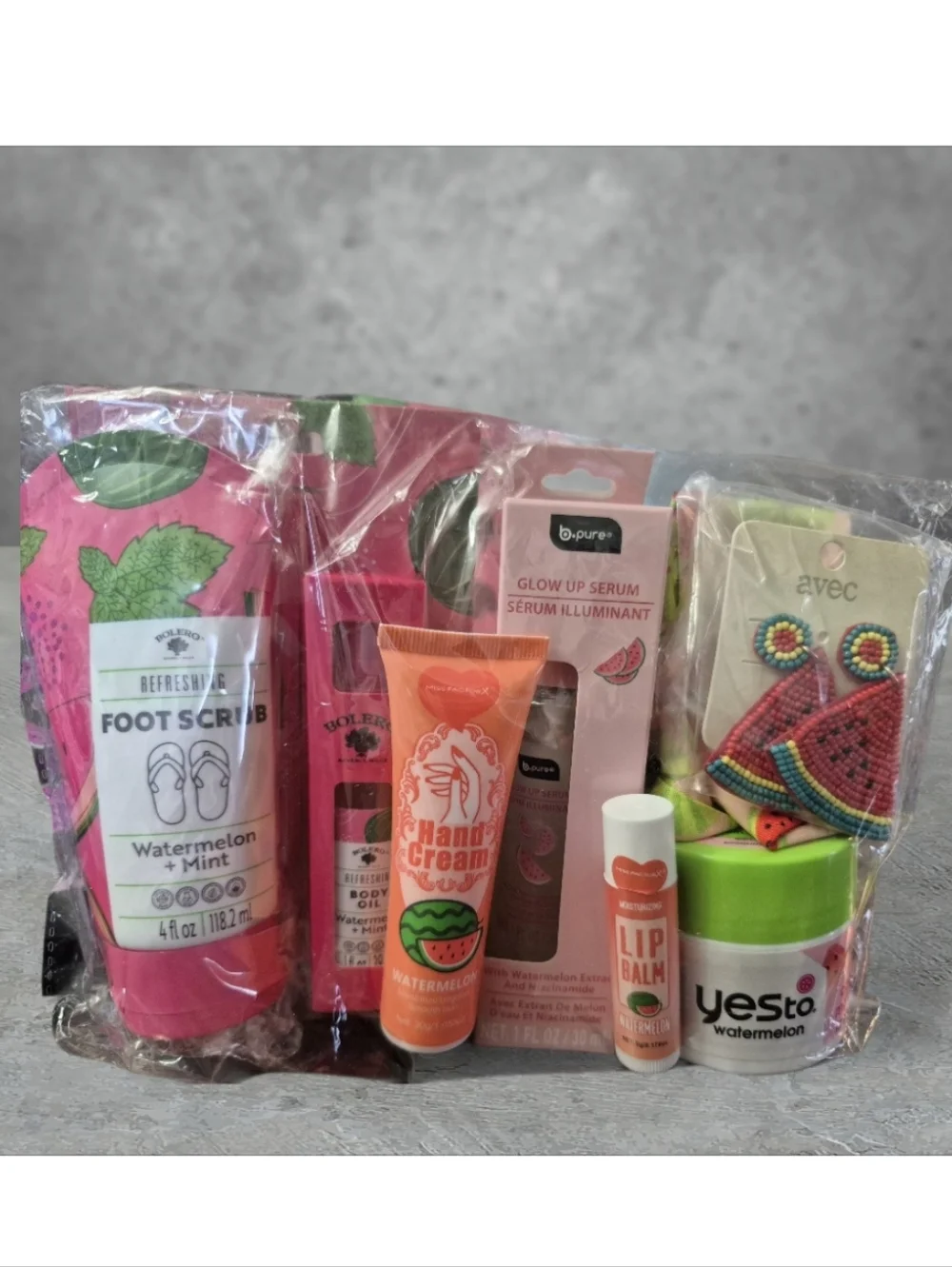 Watermelon Self Care Gift 10pc Set- Hand Cream, Foot Scrub, Glow Serum etc & Bag